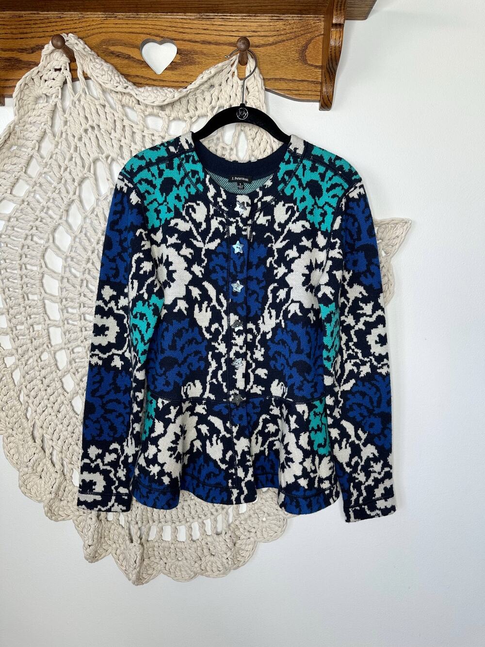 J.Peterman Wool Blend Peplum Cardigan Sweater Star Buttons Size Small
